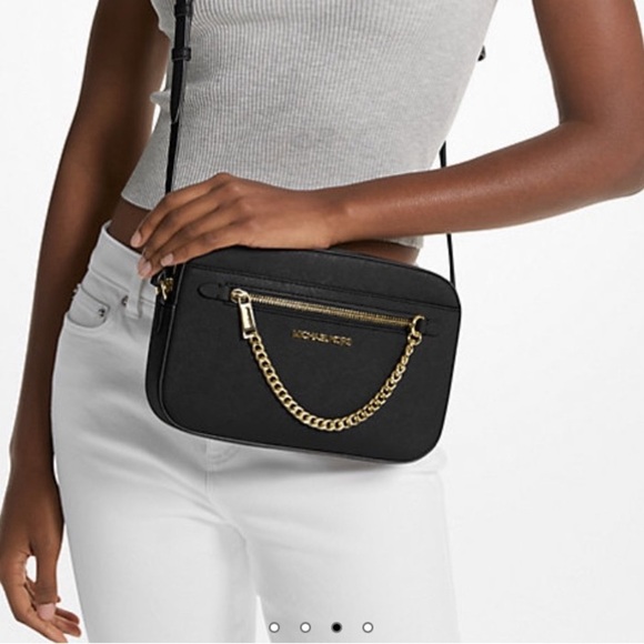 Michael Kors Handbags - Michael Kors Jet Set Black Saffiano Leather Crossbody Bag Gold Chain✨Like New✨